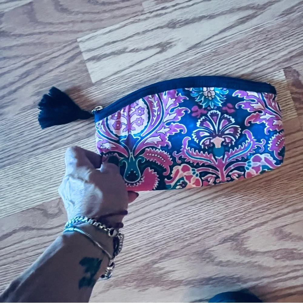 New J. Crew Paisley Print Zippered Cosmetic Bag with Tassel Navy Blue & Pink
